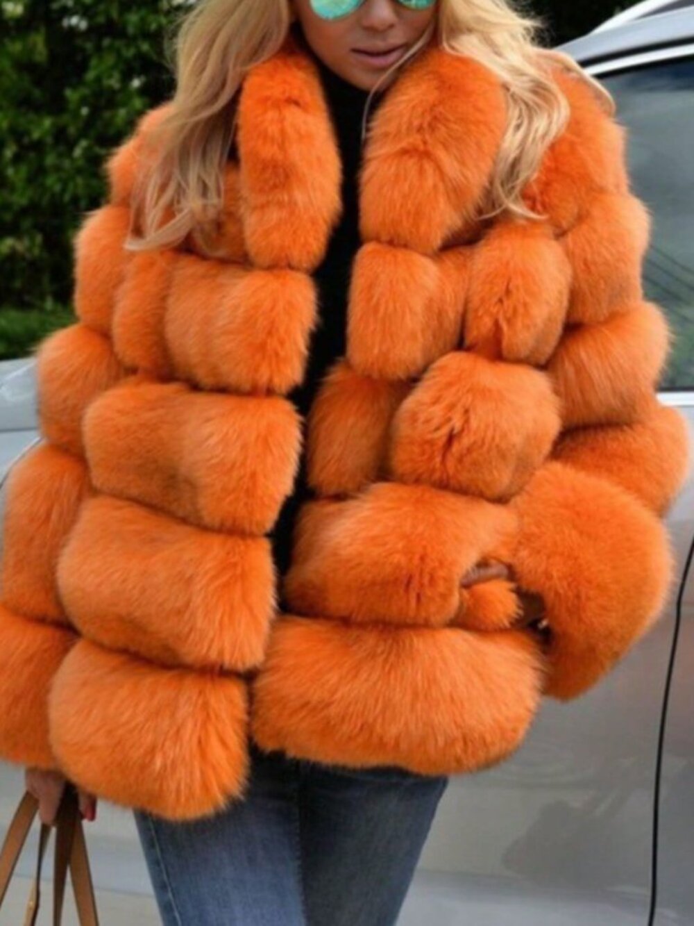 Orange Casual Women's Lapel Collar Block Panel Faux Fur Long Coat